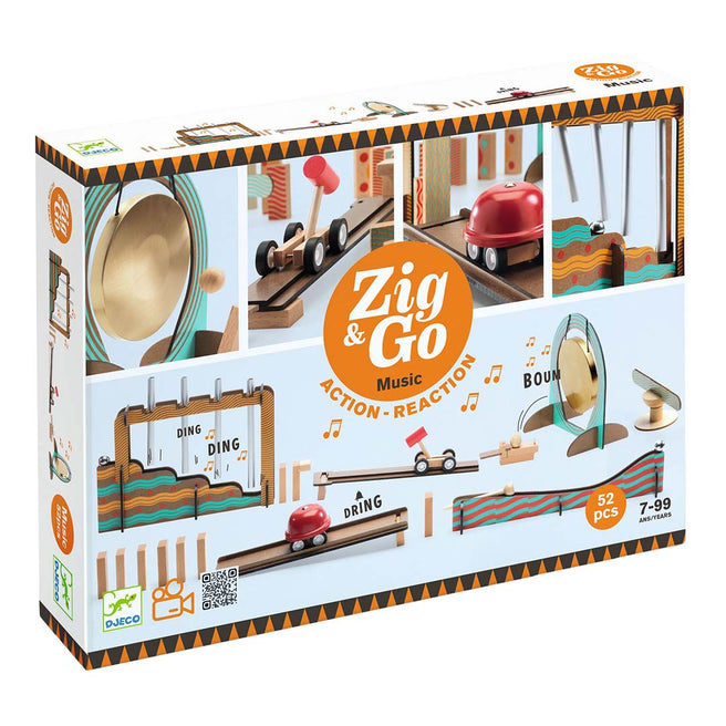 Djeco Zig & Go Music kettingreactiespel verpakking met voorbeelden van de onderdelen.