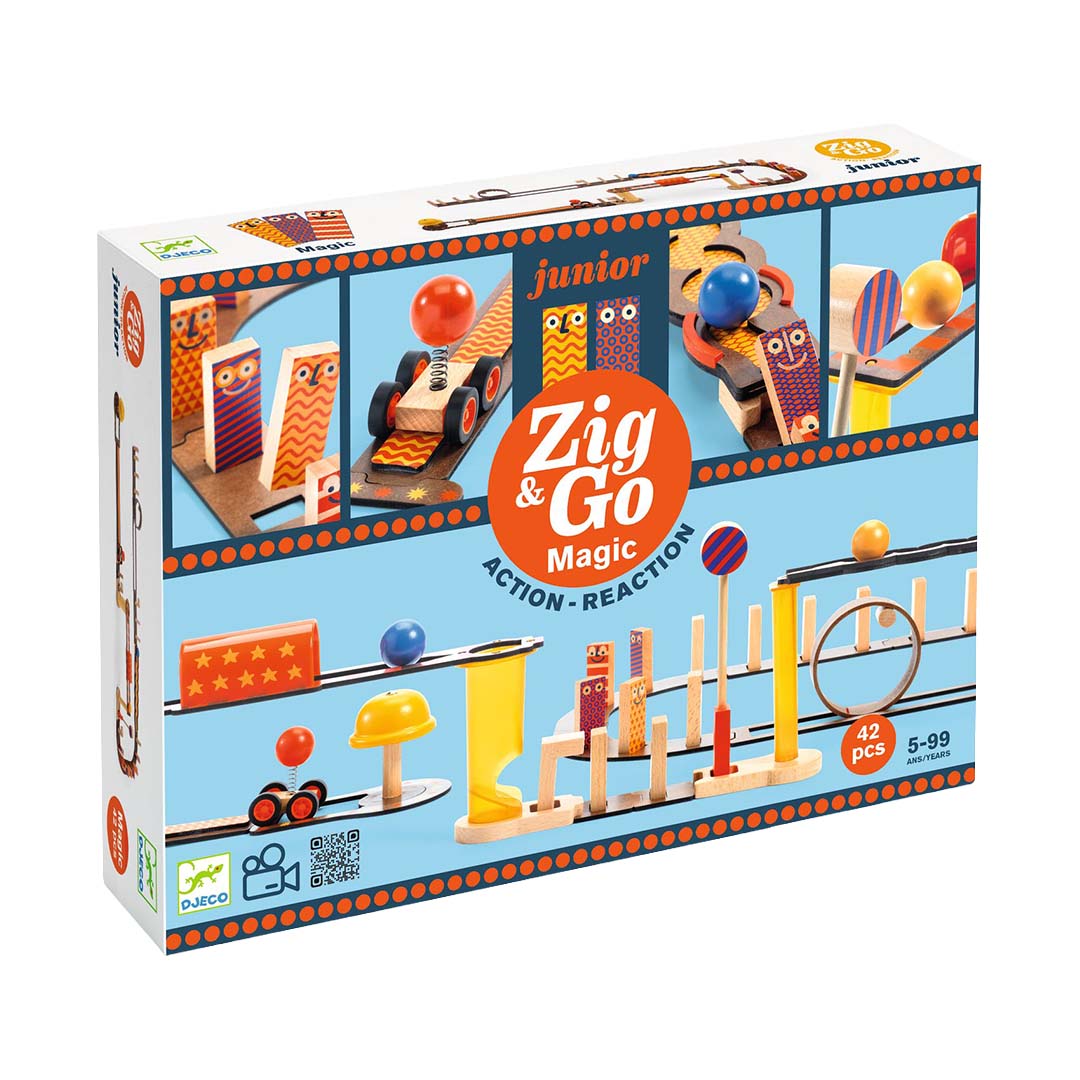 De schuine verpakking van het Djeco Zig & Go Junior kettingreactiespel.