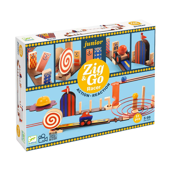 Djeco Zig & Go Junior Racer kettingreactiespel verpakking met voorbeelden van de baan.