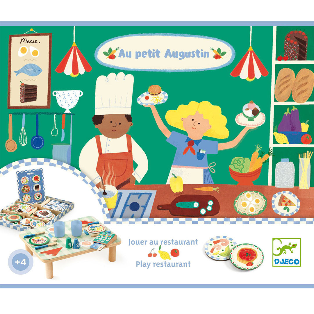 Djeco keukenspeelset 'Au petit Augustin' verpakking met illustratie van twee koks en een overzicht van de speelset.