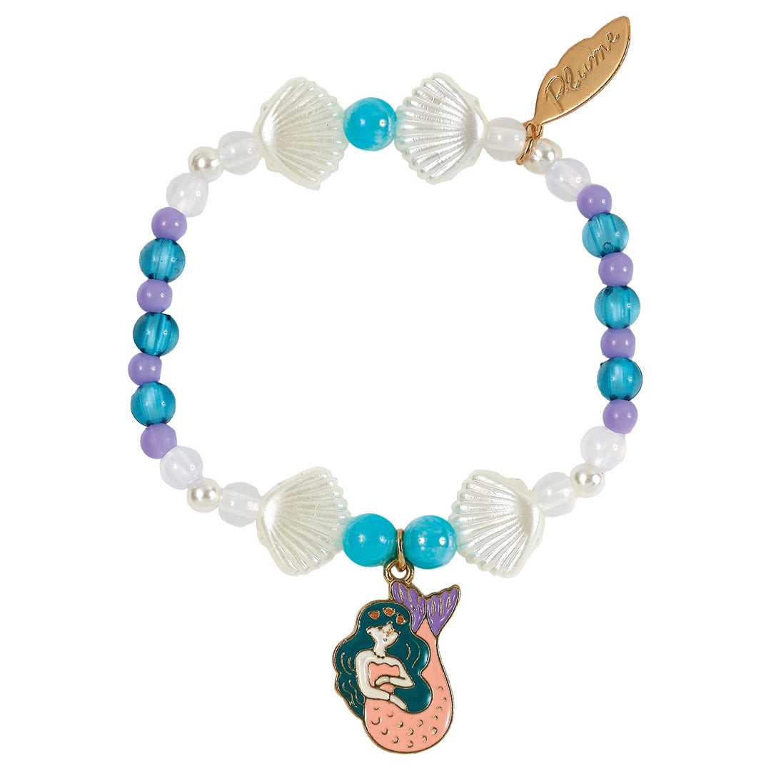 Djeco kinderarmband met paarse, blauwe en witte kralen, schelpjes en een zeemeerminbedeltje.