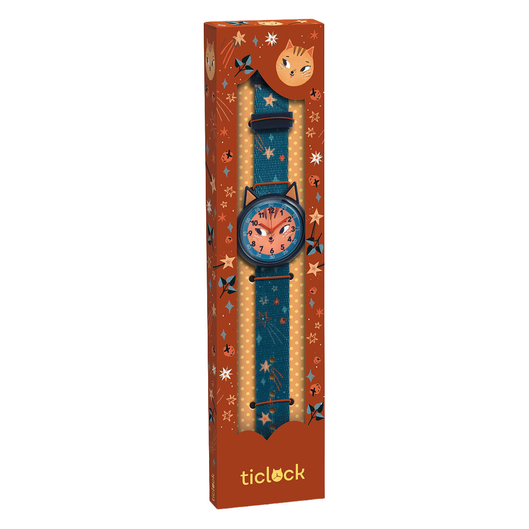 Djeco kinderhorloge in de oranje verpakking met katten- en sterrenillustraties.