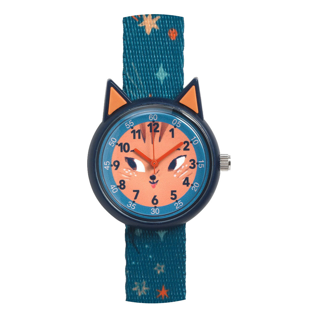 Djeco kinderhorloge met een kattengezicht op de wijzerplaat en een blauw bandje met sterren.
