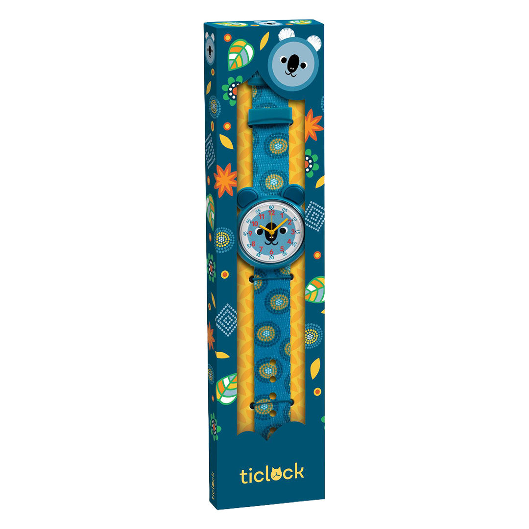 Verpakking van het Djeco kinderhorloge met koala thema, met het horloge zichtbaar door een venster.