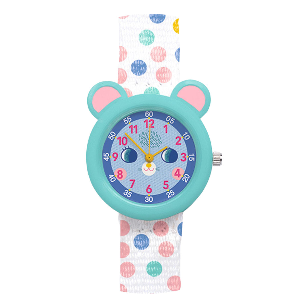 Djeco kinderhorloge met muisgezicht en stippenband, recht van voren gefotografeerd.