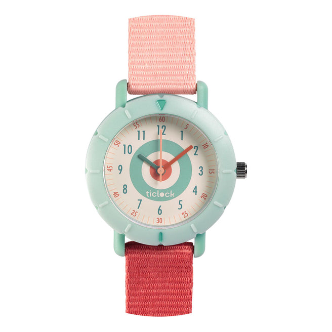 Djeco kinderhorloge met lichtgroene wijzerplaat en roze-rode stoffen band.