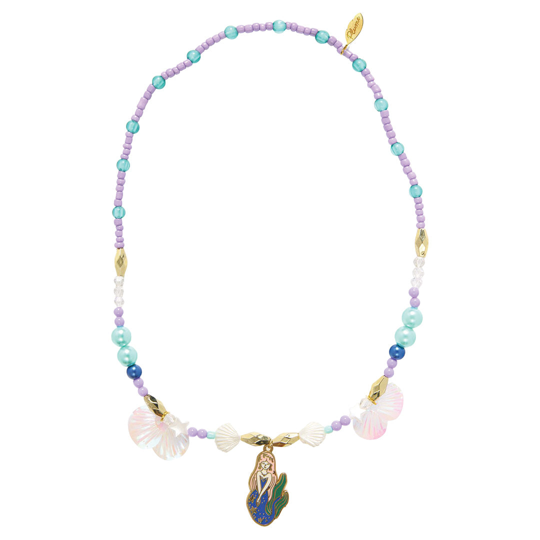 Djeco kinderketting met paarse en turquoise kralen, schelpen en een zeemeermin hanger.