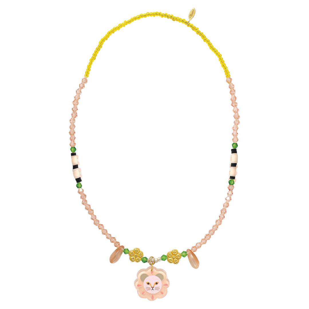 Djeco kinderketting met roze en gele kralen en een roze leeuwenkop hanger.