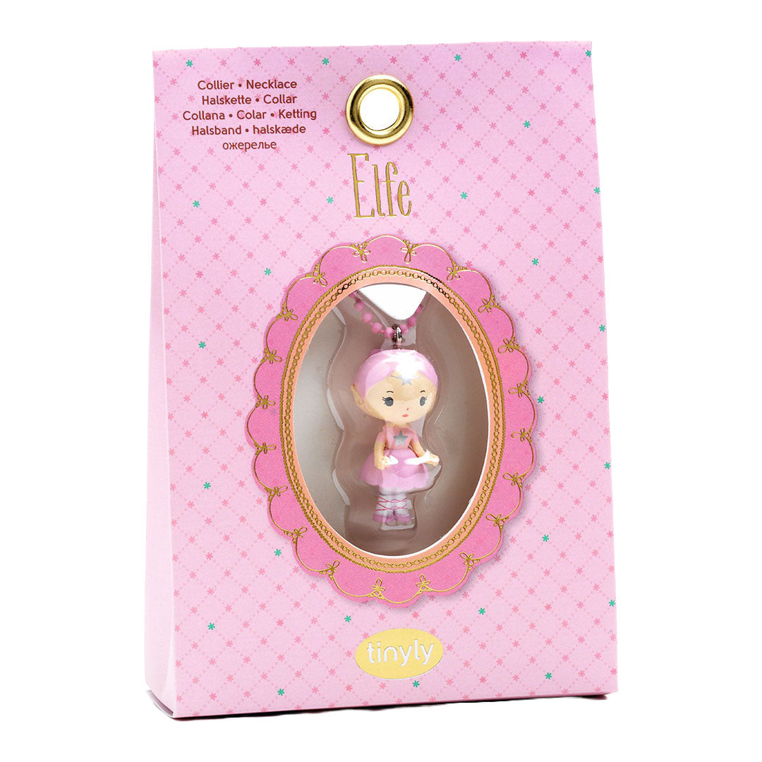 Roze verpakking van de Djeco Tinyly kinderketting met een elfje zichtbaar door het venster.