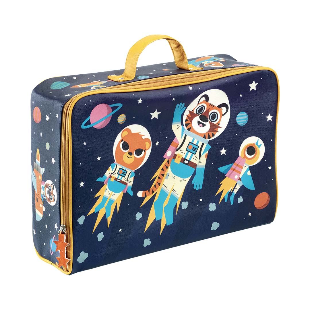 Djeco kinderkoffer met ruimtevaartthema, waarop dieren-astronauten en planeten te zien zijn.