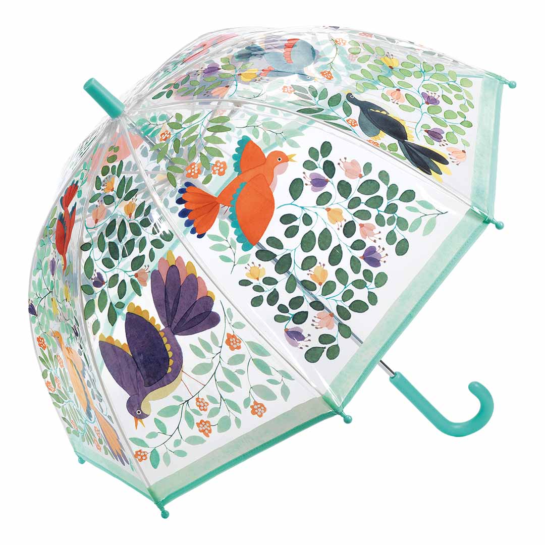 Djeco kinderparaplu met een kleurrijk patroon van bloemen en vogels.
