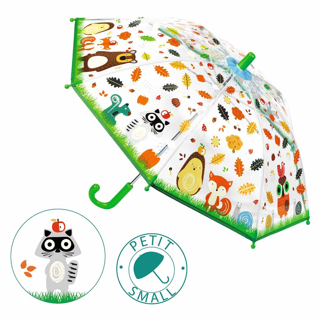 Djeco kinderparaplu met bosdieren en herfstbladeren, naast logo's van een wasbeer en 'Petit Small'.