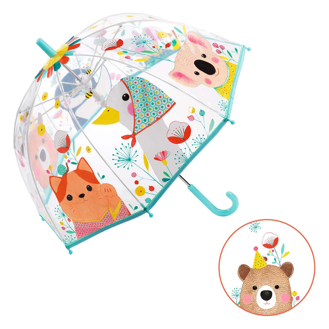 Djeco kinderparaplu met dieren- en bloemenillustraties, inclusief een detail van een beer.