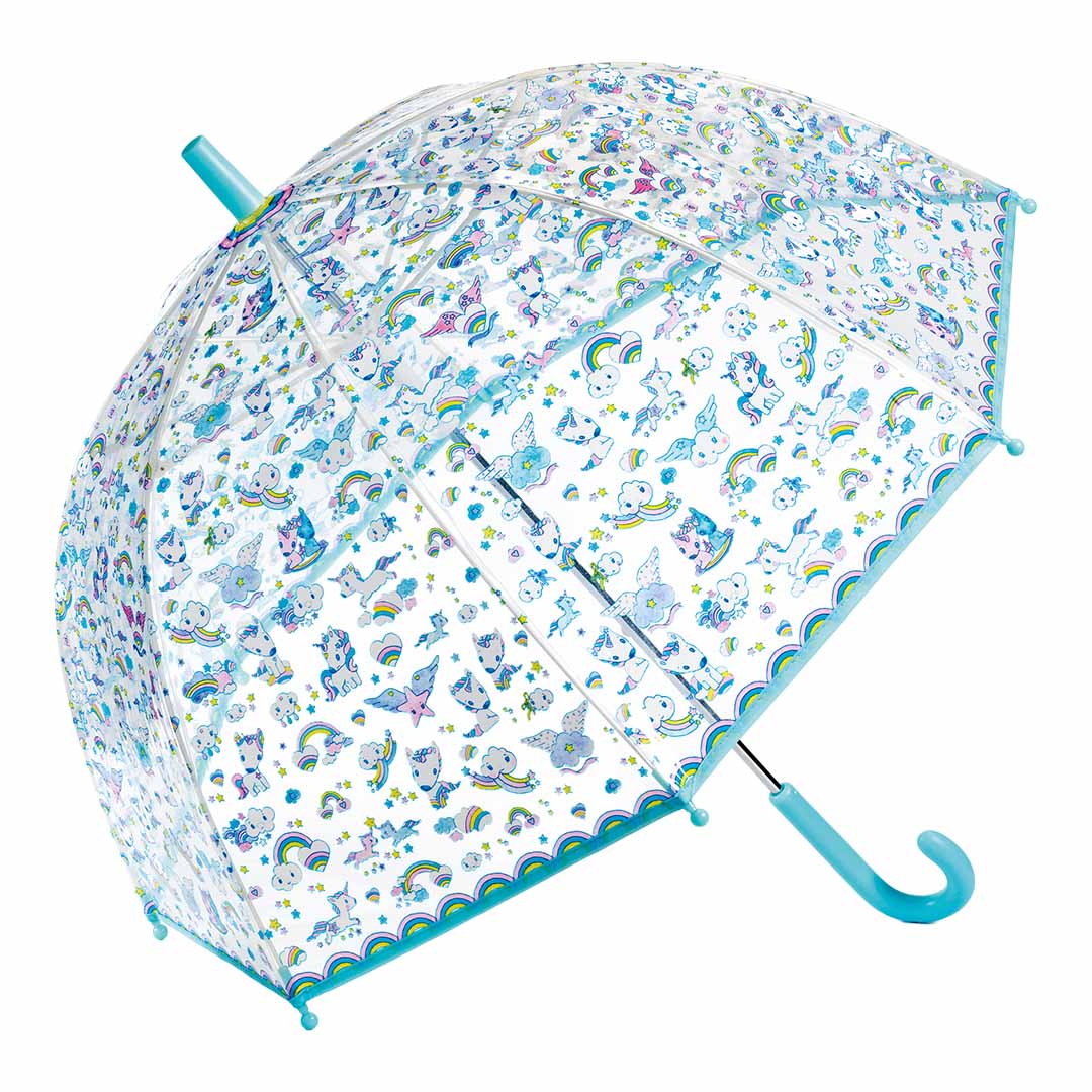Djeco kinderparaplu met eenhoorns, regenbogen en sterren op een transparante achtergrond.