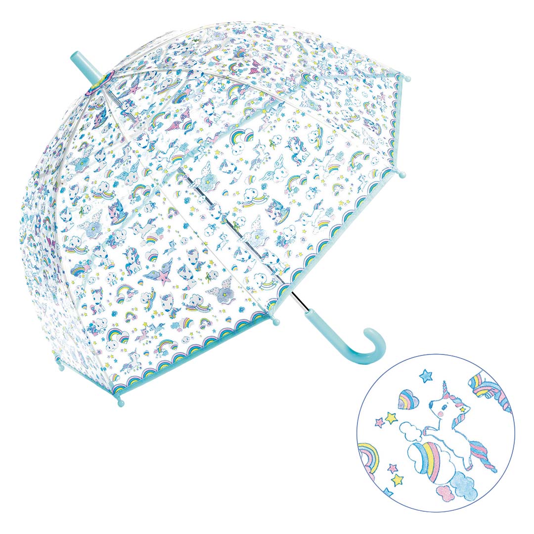 Djeco kinderparaplu met eenhoorns, regenbogen en sterren, met een detailweergave van het patroon.