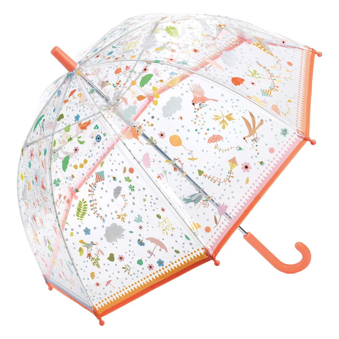 Djeco kinderparaplu met een transparant afdak en kleurrijke patronen van vogels, vliegers en bloemen.