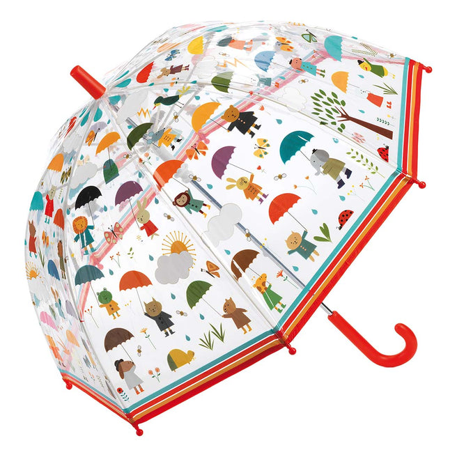 Djeco kinderparaplu van plastic met kleurrijke illustraties van dieren en figuren in de regen.