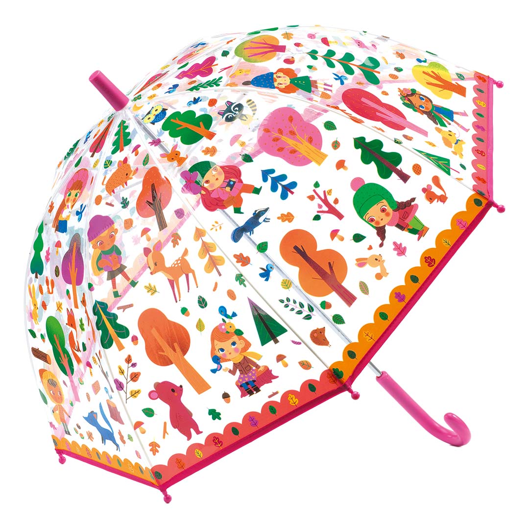 Djeco kinderparaplu met kleurrijke bosillustraties van kinderen, dieren en bomen.