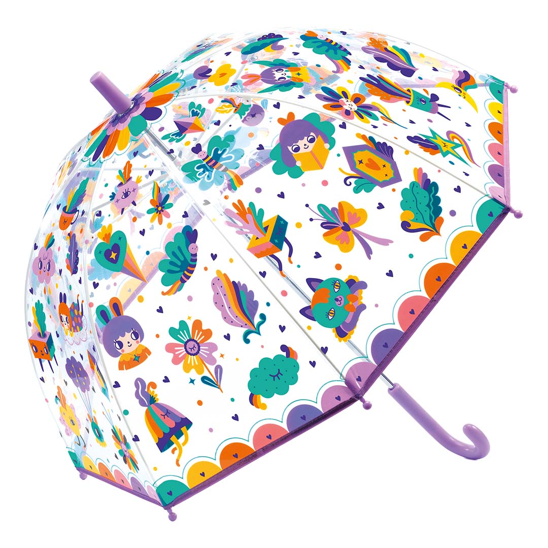 Djeco transparante kinderparaplu met veelkleurige patronen van figuren, dieren en bloemen.