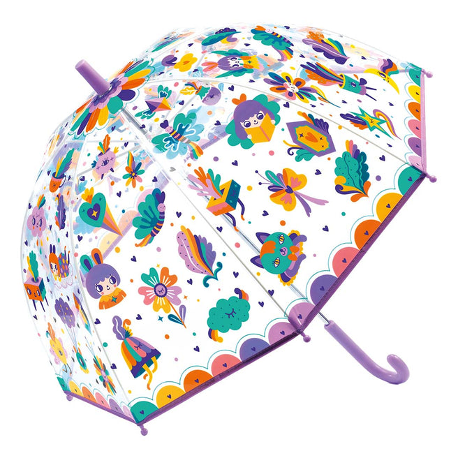 Djeco transparante kinderparaplu met veelkleurige patronen van figuren, dieren en bloemen.