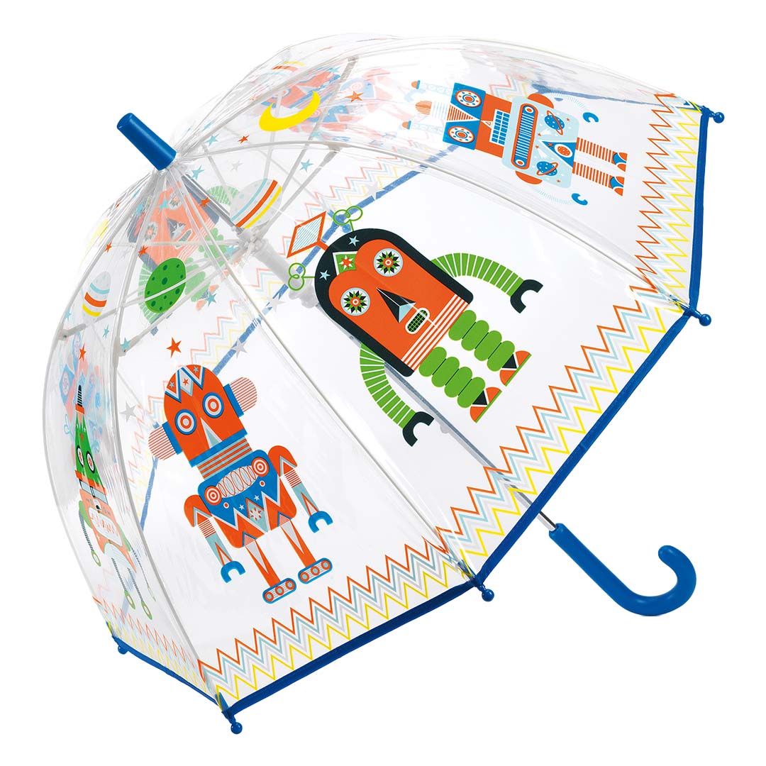 Djeco kinderparaplu met transparant plastic afdak en kleurrijke robotfiguren, sterren en chevronpatroon.