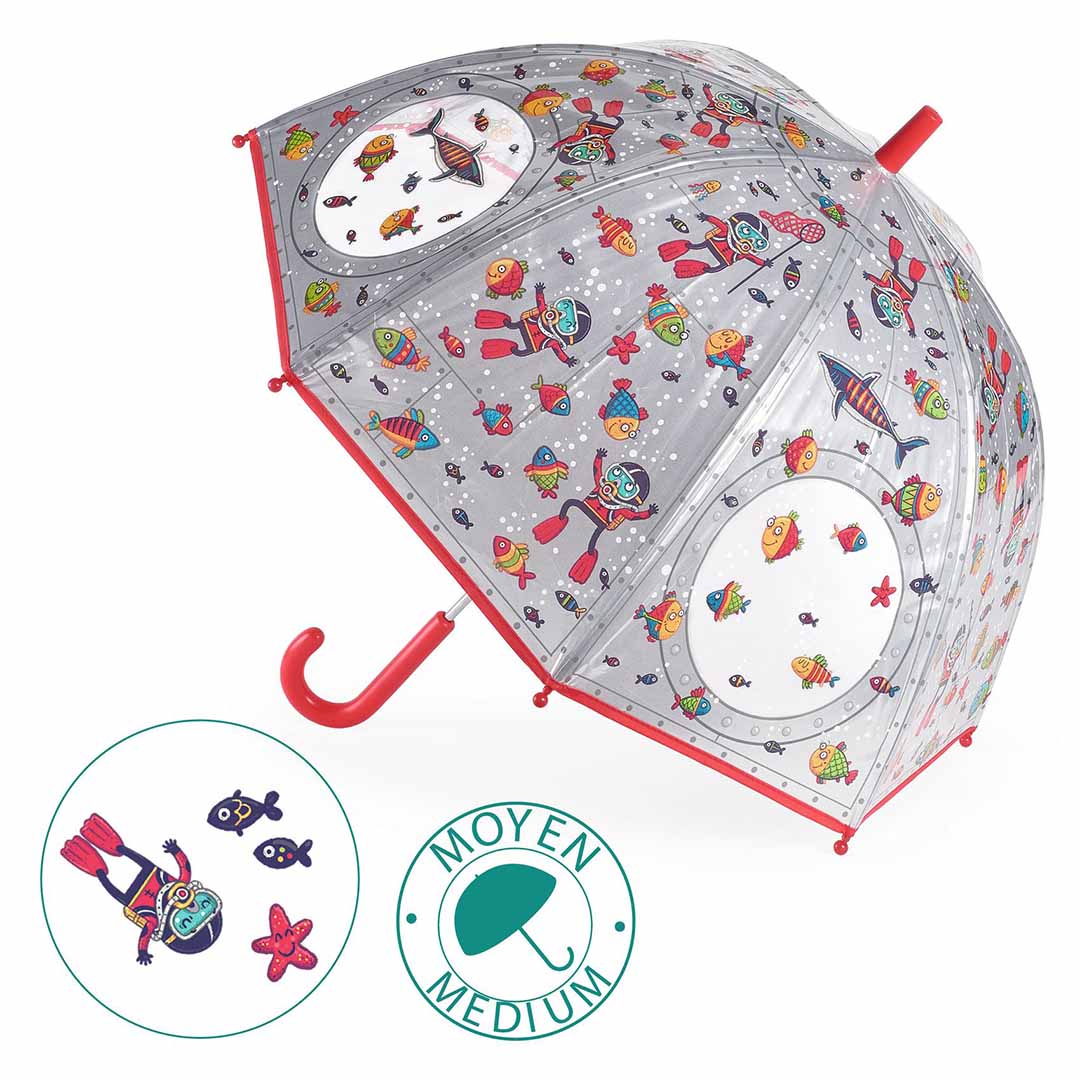 Djeco kinderparaplu met onderwater thema en een infographic over de maat.