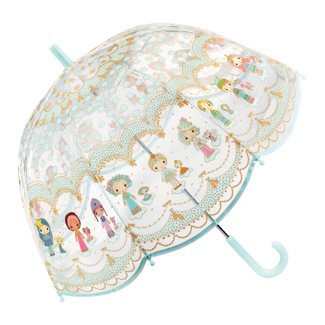 Djeco kinderparaplu met transparant scherm en Tinyly figuren op wolken.