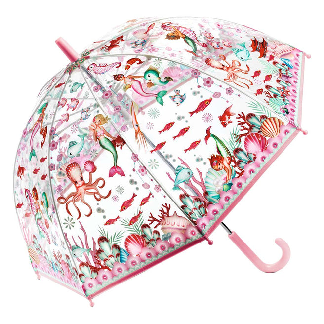 Djeco kinderparaplu met zeemeerminnen en onderwaterdieren op een transparante achtergrond.
