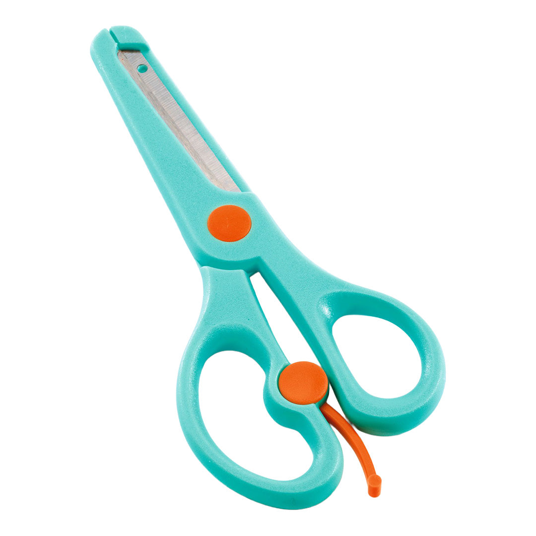 Djeco kinderschaar met turquoise plastic handvatten en oranje details.