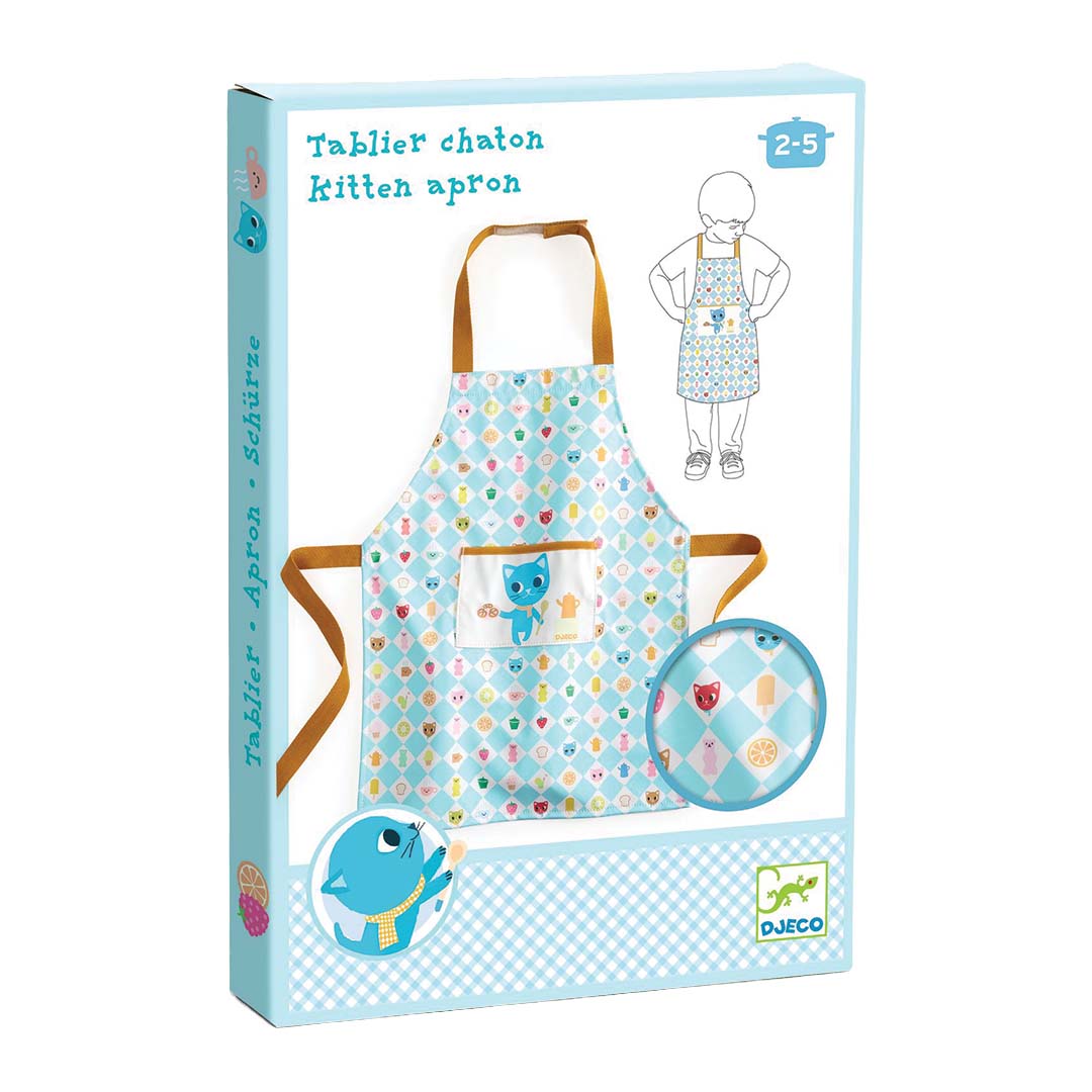 De Djeco productverpakking van het kinderschort met kitten-thema.