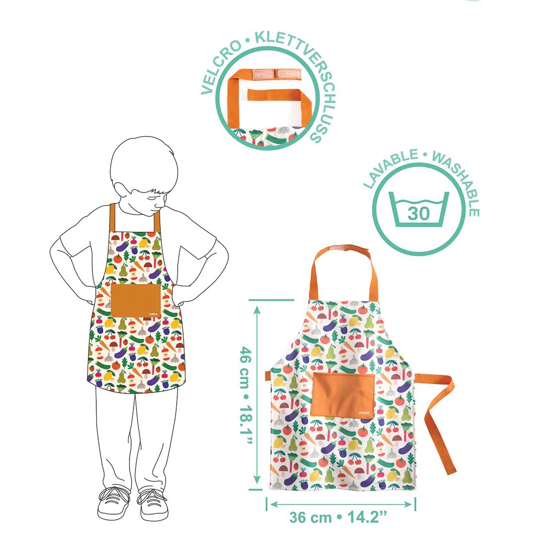 Infographic van het kinderschort met afmetingen, een kind dat het draagt en details over klittenband en wasbaarheid.