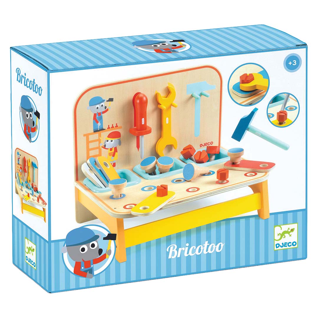 Verpakking van de Djeco Bricotoo houten kinderwerkbank.