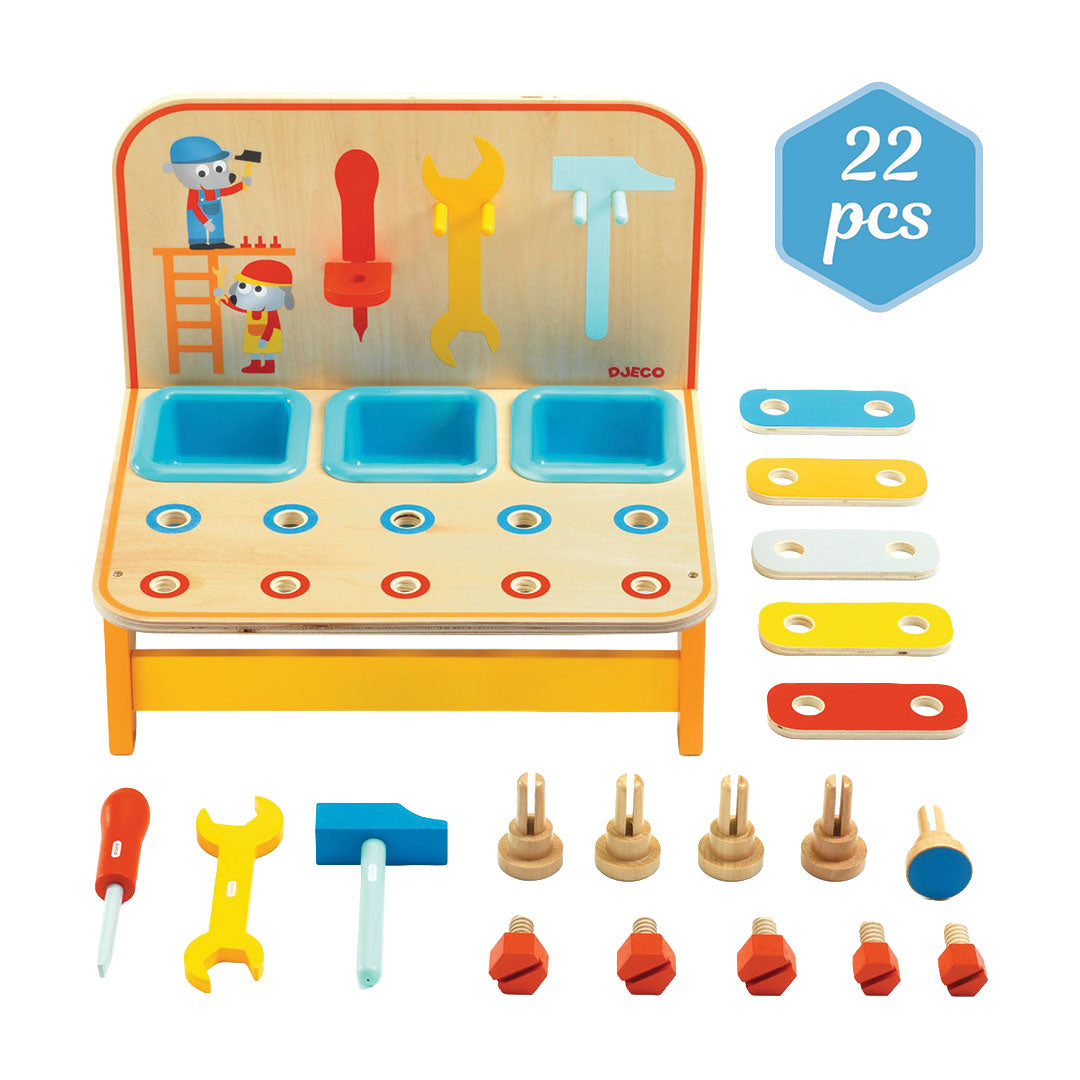 Djeco houten kinderwerkbank met alle 22 losse gereedschappen en bouwstukken.