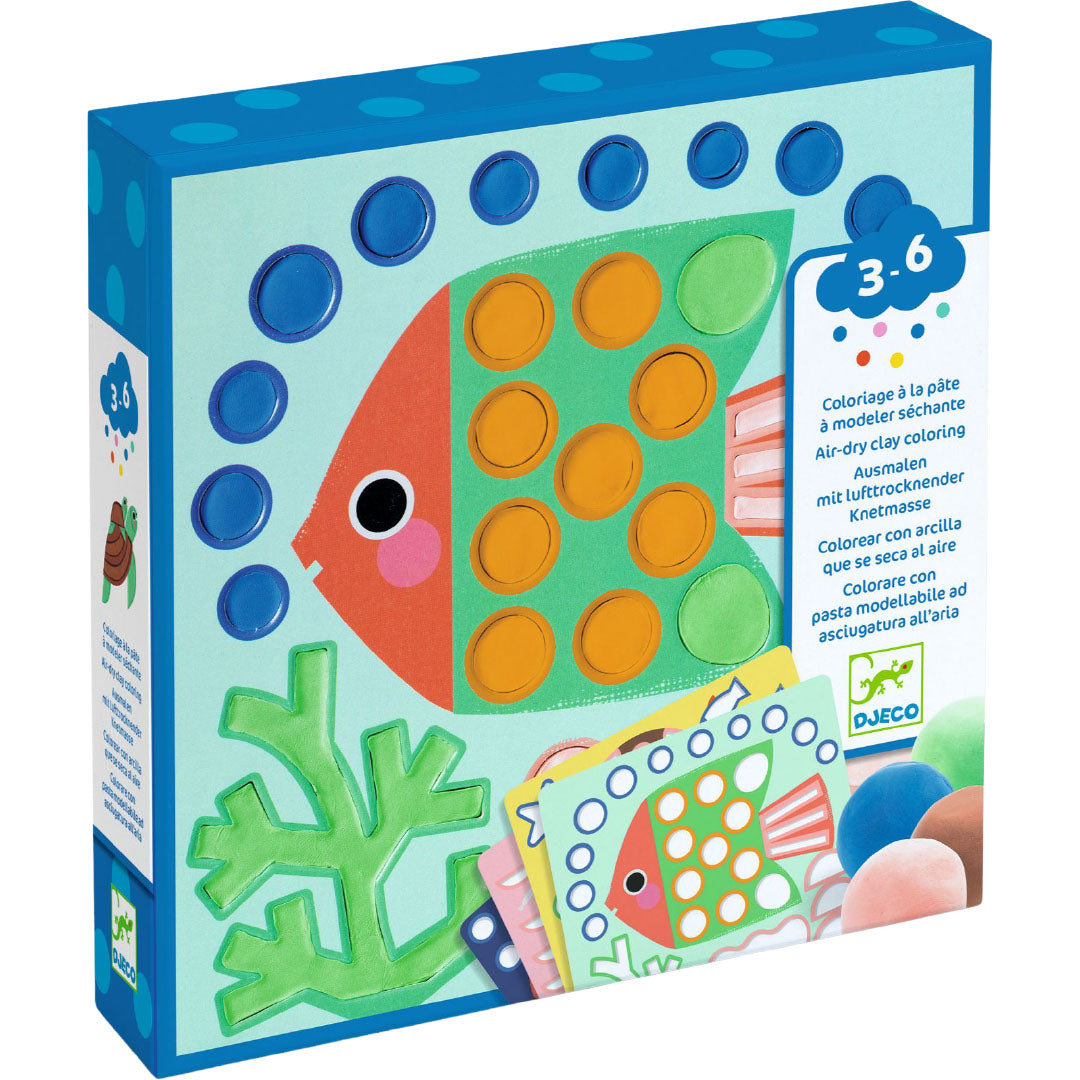 Djeco kleiset 'Cheeky Underwater' verpakking met een voorbeeld van een gekleurde vis.