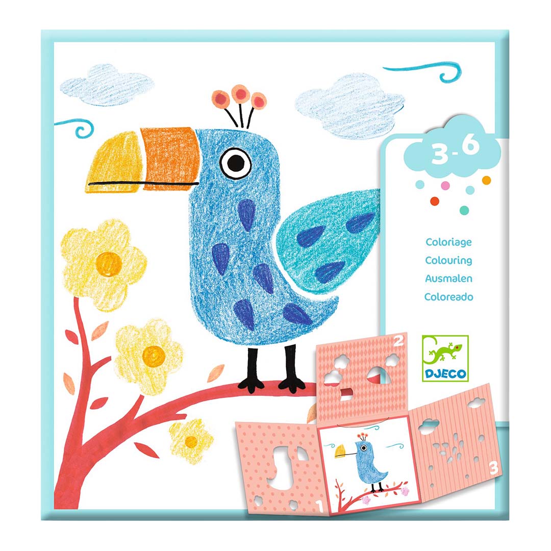 Djeco kleuren met sjablonen verpakking met een gekleurde blauwe vogel en sjabloonstukken.