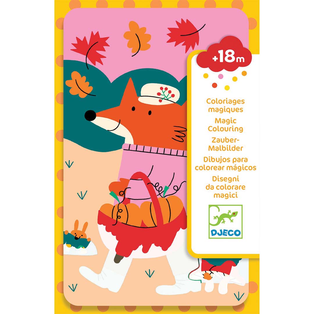 Djeco verpakking van de magische kleurkaarten met een vos en herfstbladeren, geschikt voor 18 maanden en ouder.