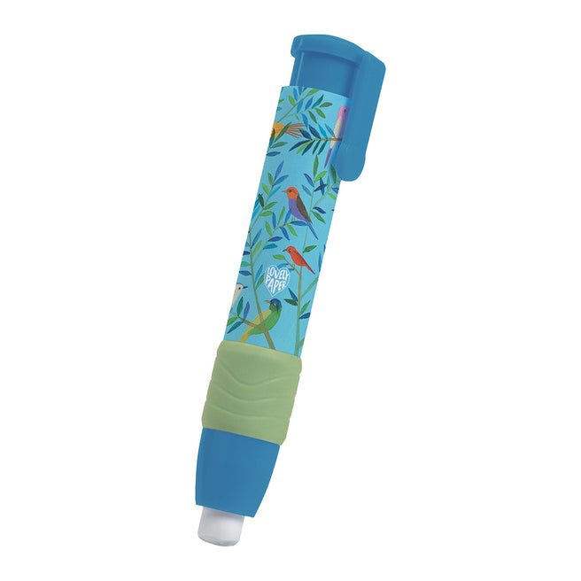 Djeco mechanische gum met blauw vogel- en bladerenpatroon.