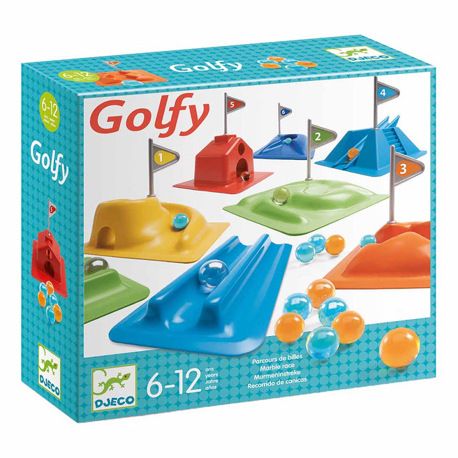 Verpakking van het Djeco Golfy knikkerspel met de speelonderdelen erop afgebeeld.