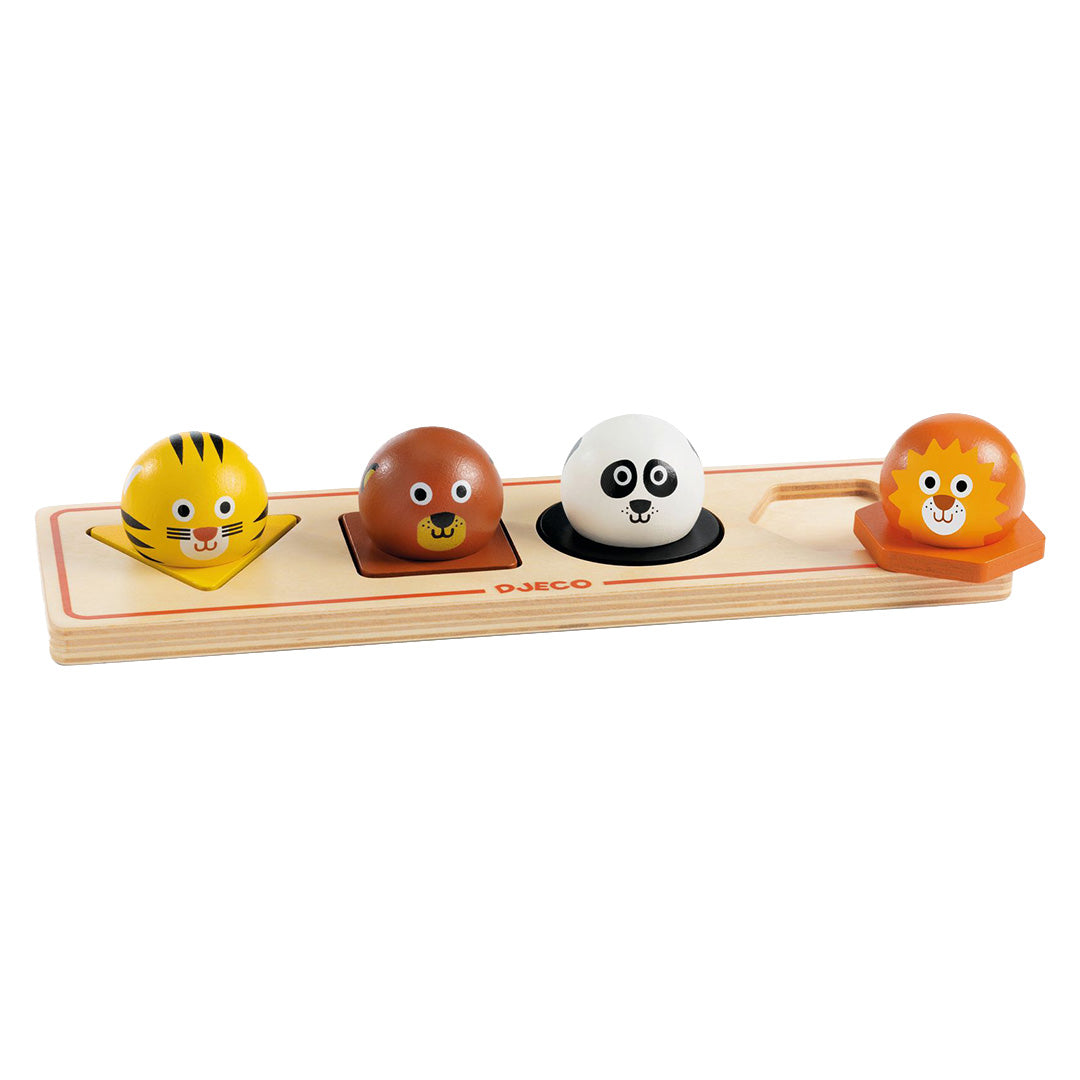 Djeco houten knoppuzzel Ball'n'co met vier dierenkoppen: een tijger, beer, panda en leeuw.