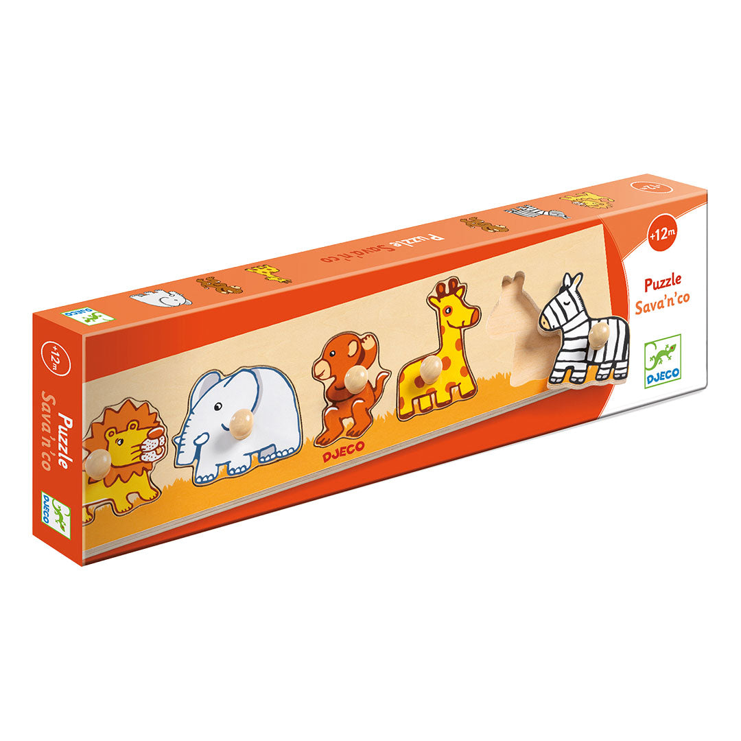 De verpakking van de Djeco houten knoppuzzel met safari dieren.