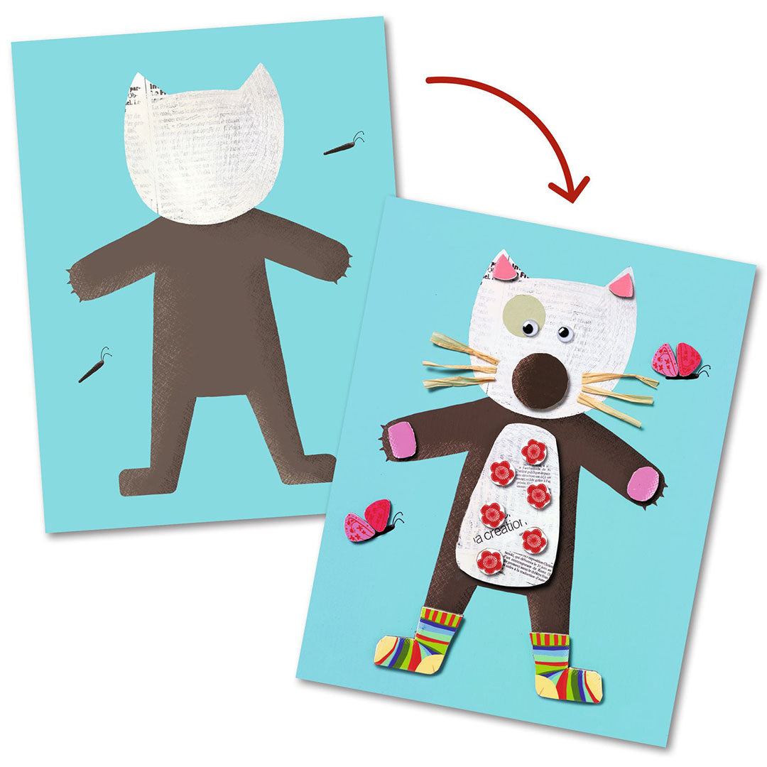 Demonstratie van een kattencollage, van een blanco figuur naar een versierd dier met accessoires.