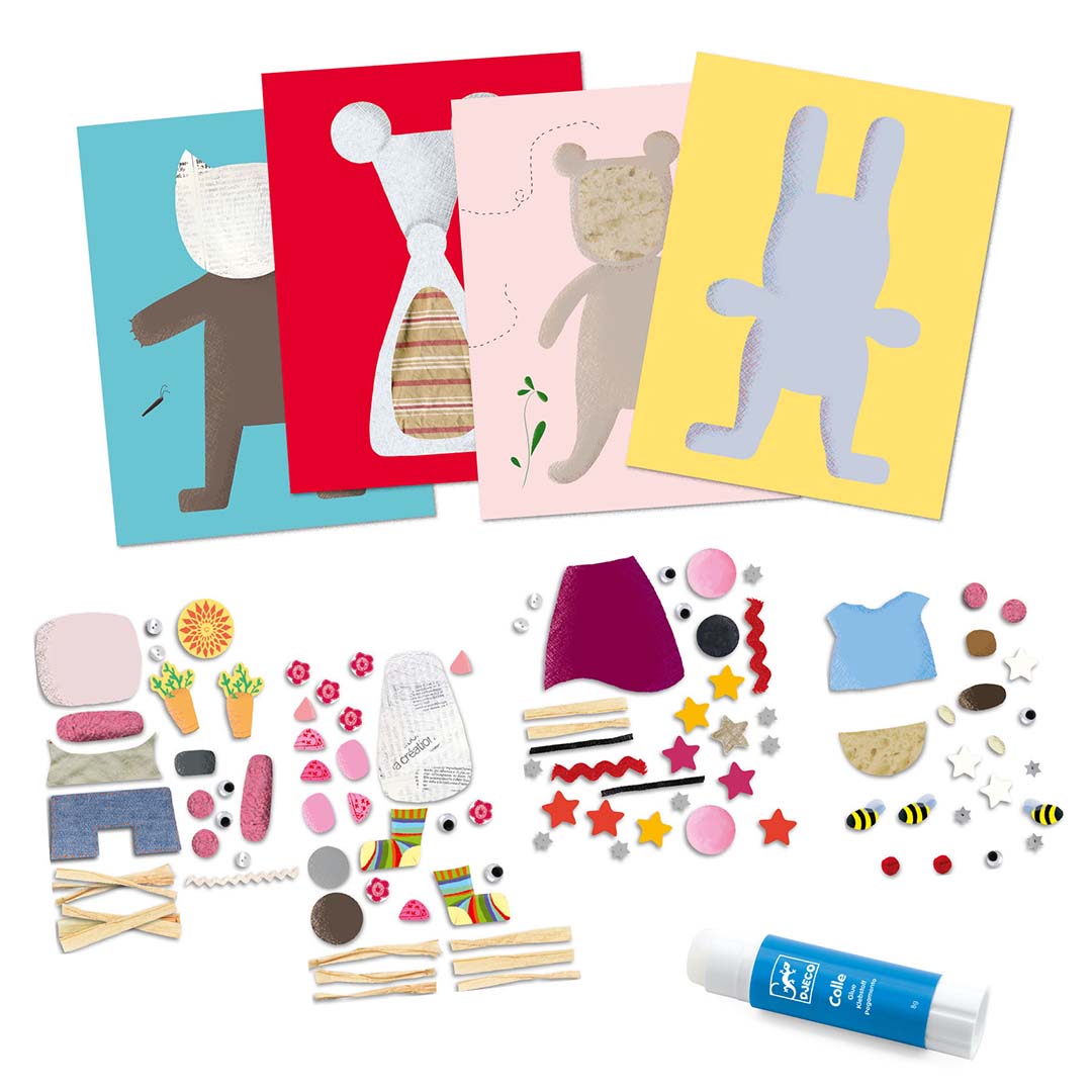 De inhoud van de Djeco knutselset met vier blanco dierenkaarten, diverse collage-elementen en een lijmstift.