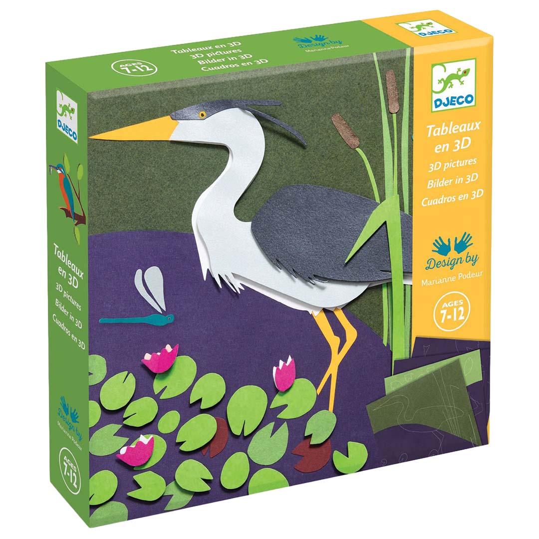 Djeco knutselset verpakking met een 3D-afbeelding van een reiger bij het water.