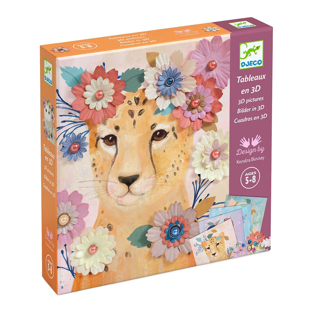 Djeco knutselset 3D schilderijen verpakking met een cheetah en bloemen.