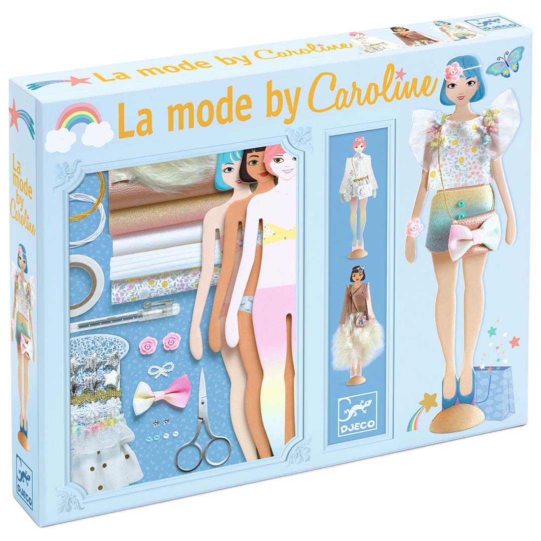 Djeco knutselset 'La mode by Caroline' verpakking met voorbeelden van aangeklede poppen en de inhoud.