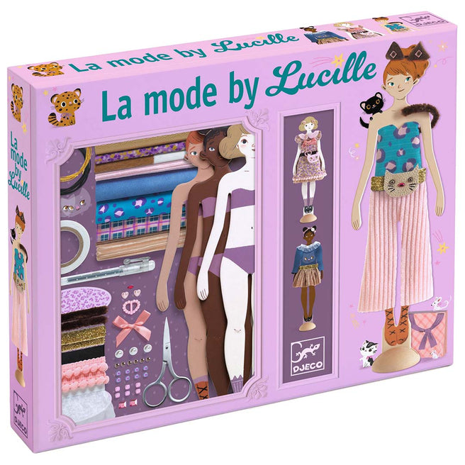 Djeco knutselset 'La mode by Lucille' verpakking met illustraties van aankleedpoppen en stoffen.