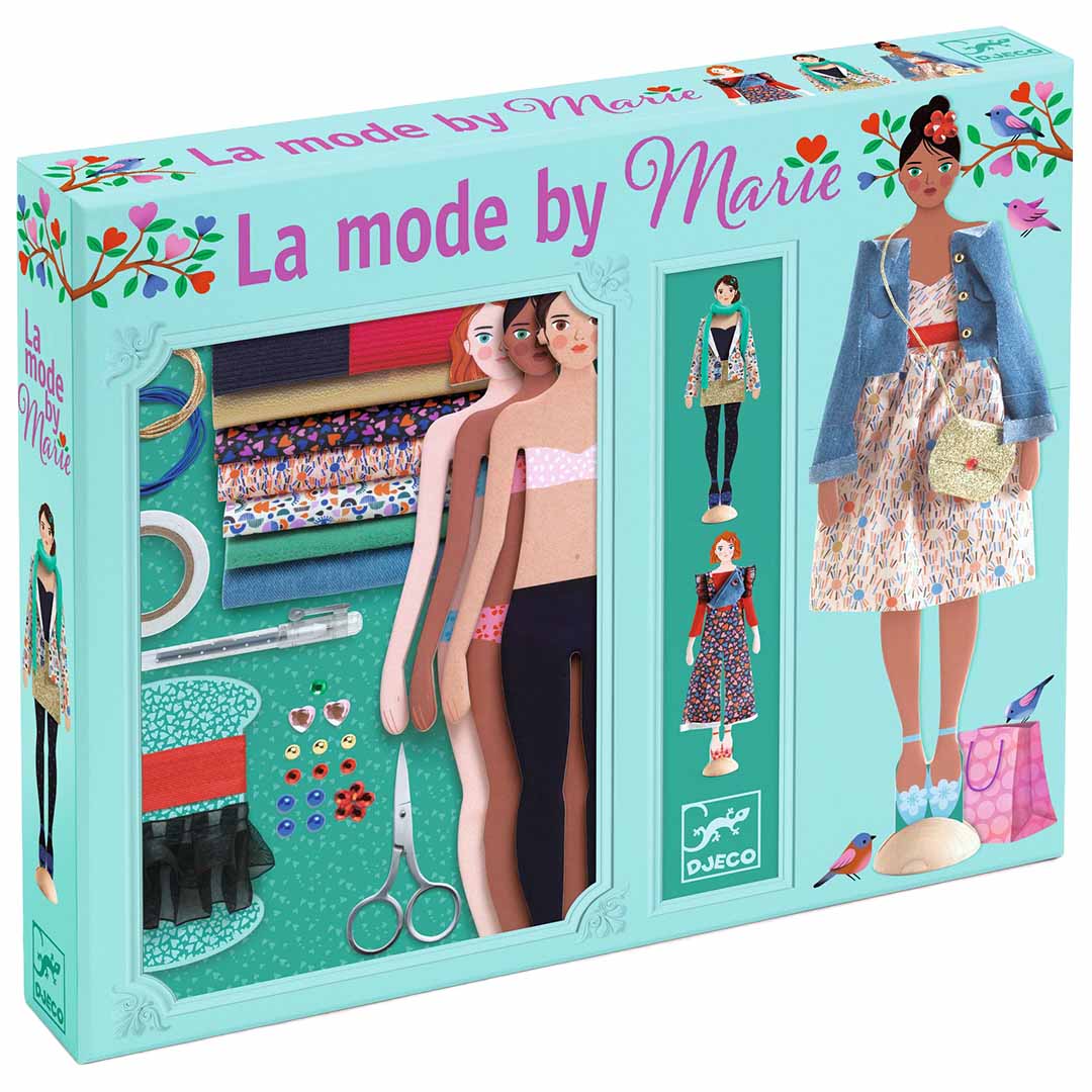 Djeco hobbyset verpakking voor het maken van kleding voor aankleedpoppen.