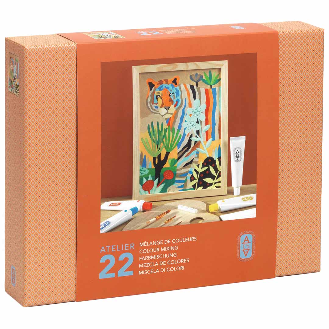 De Djeco knutselset verpakking met een voorbeeld van een tijger schilderij en verftubes.