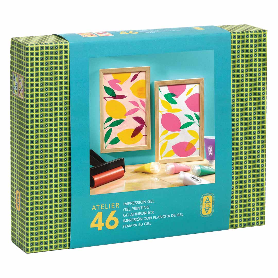 Verpakking van de Djeco Atelier 46 gel printing hobbyset met een afbeelding van twee ingelijste citroenprints.
