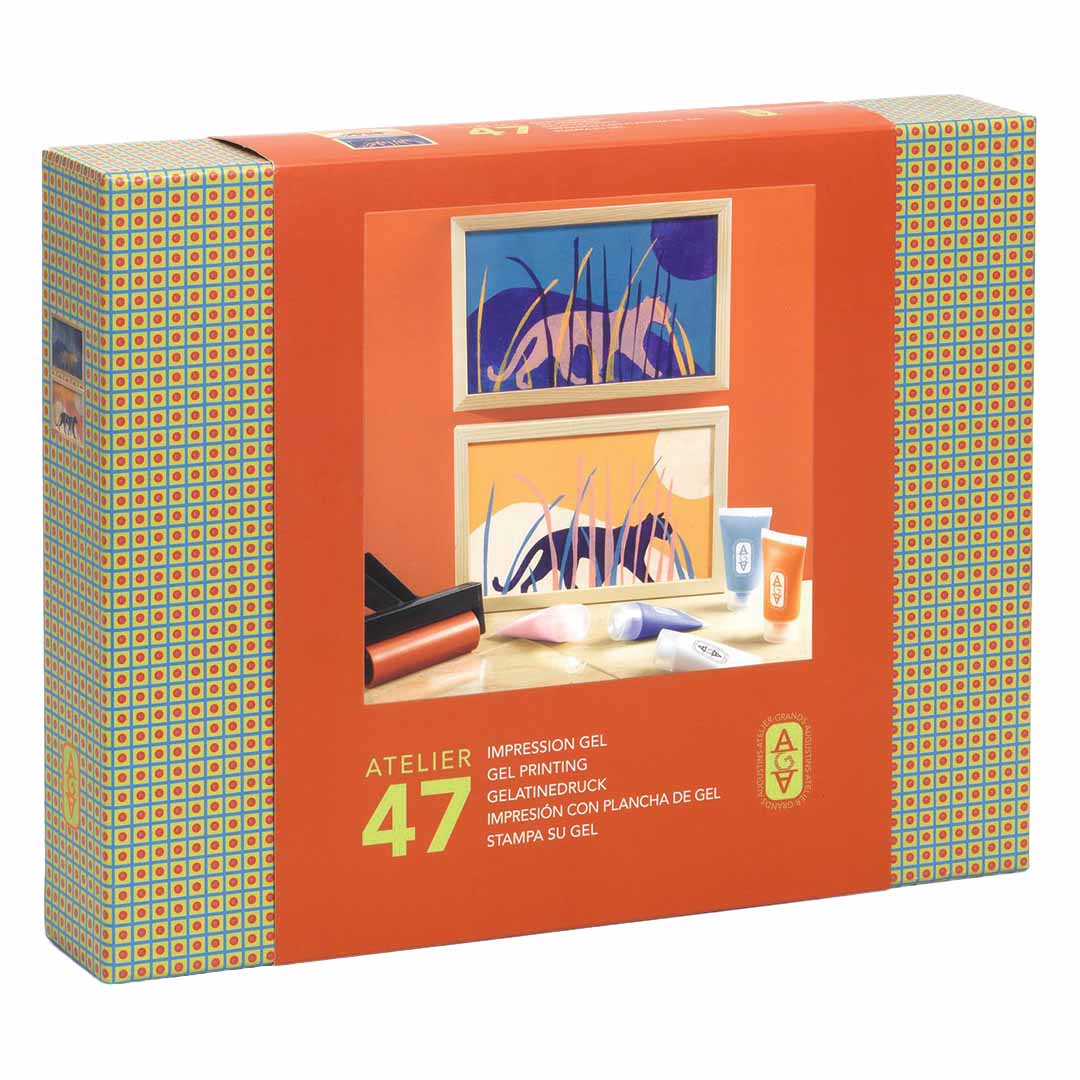 De Djeco knutselset Atelier 47 verpakking voor gel afdrukken met voorbeelden van panter- en grasprints.